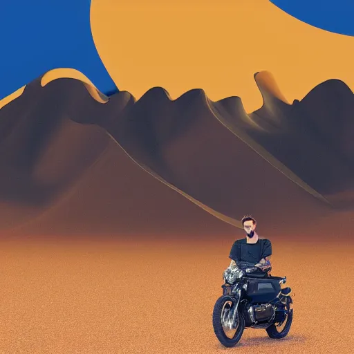 Prompt: a man standing next to a motorcycle in the desert, a jigsaw puzzle by caspar wolf, instagram contest winner, panfuturism, photo taken with ektachrome, behance hd, sense of awe
