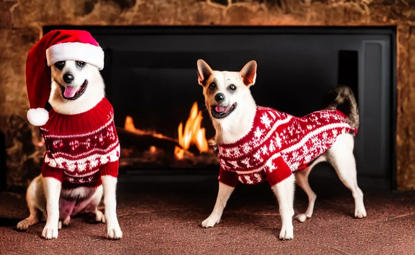 Image similar to ultra detailed studio photography of a dog wearing a woolen christmas sweater with a fireplace background, detailed face, cinematic lighting, 8 k