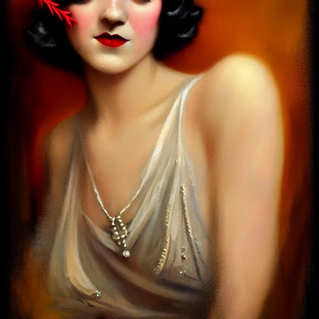 Prompt: 1 9 2 0 s woman in a flapper photo portrait, atmospheric lighting, painted, intricate, ultra detailed, well composed, best on artstation, cgsociety, epic, stunning, gorgeous, intricate detail, wow, masterpiece, by dave dorman