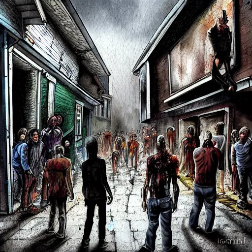 Prompt: people inside an alleyway watching the horde of zombies in the road, sci-fi art, digital art, award-winning