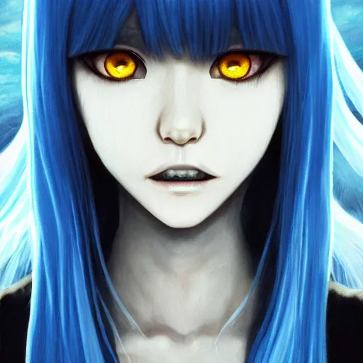 Image similar to imaginative painting of rimuru tempest, sky blue straight hair, long bangs, with amber eyes, wearing a black jacket, high collar, ultra detailed, brush strokes, skin texture, digital painting, cinematic, wlop artstation, closeup, pixiv, eerie, scary, intimidating glare, evil, junji ito, yoshitaka amano