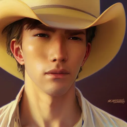 Prompt: highly detailed vfx portrait of a blond mid - section young man with cowboy hat by eiichiro oda, makoto shinkai, alphonse mucha, sharp focus, art by artgerm and greg rutkowski!, backlit, harsh overhead sunlight, detailed,