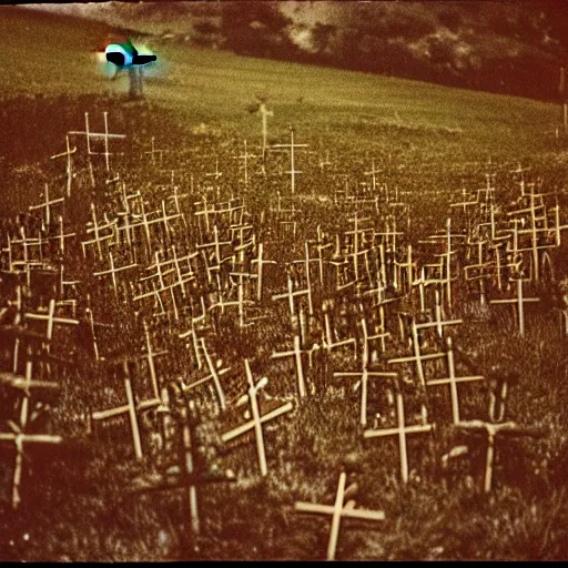 Image similar to 1 9 8 0 s flash photograph of a hill covered with crucifixes and crosses, film grain, polaroid, 3 5 mm