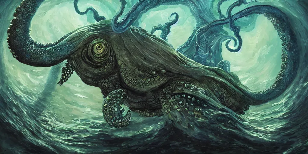 Image similar to Fantasy fairytale style portrait painting, Great Leviathan Turtle, cephalopod, Cthulhu Squid, hybrid, Mythic Island, center Universe, accompany Cory Chase, Blake Lively, Anya_Taylor-Joy, Grace Moretz, Halle Berry, Mystical Valkyrie, Anubis-Reptilian, Atlantean Warrior, hybrid, intense fantasy atmospheric lighting, digital oil painting, hyperrealistic, François Boucher, Michael Cheval, Oil Painting, Cozy, hot springs hidden Cave, candlelight, natural light, lush plants and flowers, Spectacular Mountains, bright clouds, luminous stellar sky, outer worlds, michael whelan, William-Adolphe Bouguereau, Jessica Rossier, HD,