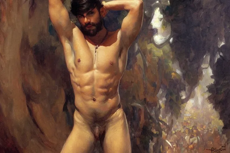 Image similar to attractive male, hinduism, painting by gaston bussiere, greg rutkowski, j. c. leyendecker, tom of finland