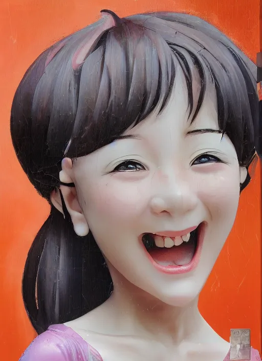 Image similar to a hyperrealistic oil panting of a kawaii anime girl figurine caricature with a big dumb grin featured on nickelodeon by dave mckean