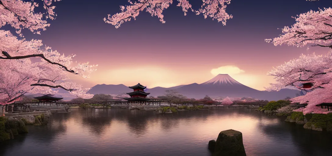 Image similar to very beautiful view of an ancient japanese city at dusk, large temples, cherry blossom trees, mountains in the background, calm clouds, cinematic lighting, ultra detailed, sharp, ambient occlusion, raytracing, by greg rutowski, paul chadeisson and jessica rossier