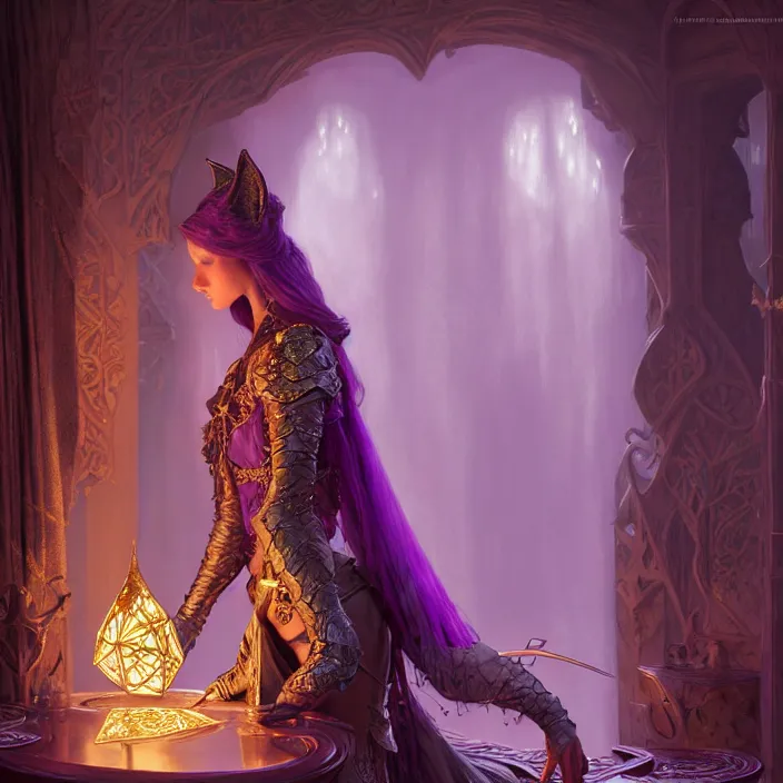 Image similar to veiled d & d bard with her lilac leather armor in a fantasy inn, volumetric lighting, fantasy, intricate, elegant, highly detailed, lifelike, photorealistic, digital painting, artstation, fox ears illustration, concept art, sharp focus, byalbert aublet and krenz cushart and artem demura and alphonse mucha