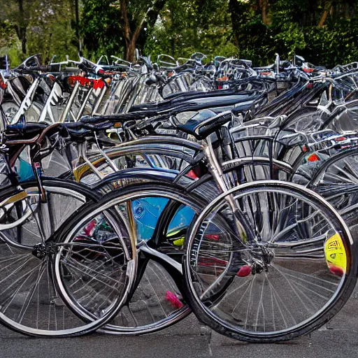 Prompt: a photo of a used bicycle lot, high definition