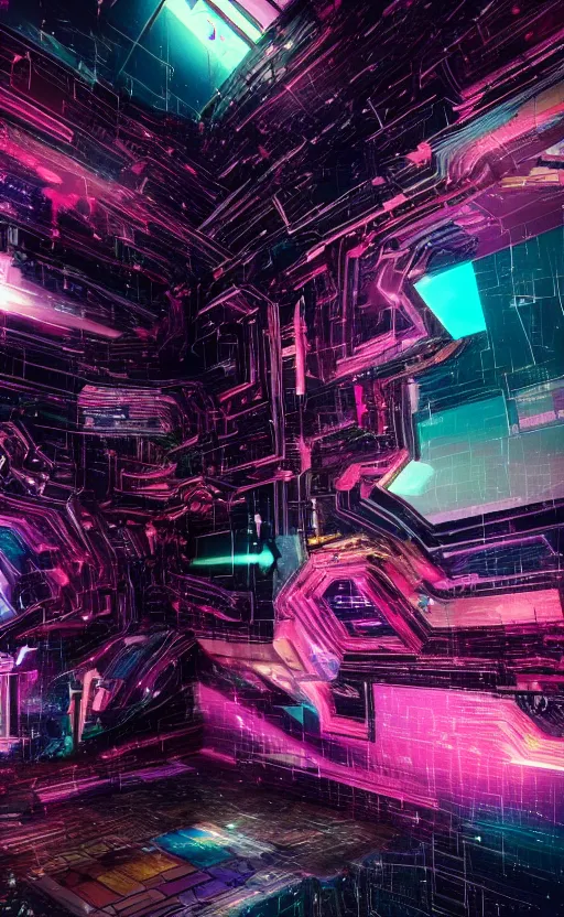 Prompt: a love affair with doubt, dark retrowave, glitch art, interstellar, beautifully lit, by Eileen Agar, artstation, unreal engine