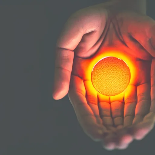 Image similar to a small glowing orange triangle floating above an open hand, dark lighting