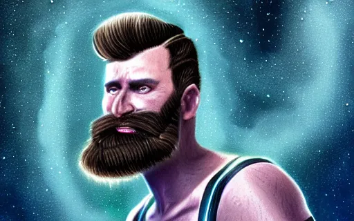 Prompt: Tom Weilguny, a ruggedly handsome Austrian man in a space ranger unform. He has a light stubble, left ear larger than the right, short mohawk, blue eyes, scar under his lower lip. He's stading in front of a night sky, surrounded by several large moths, intricate, highly detailed, smooth, artstation, digital illustration by Ruan Jia and Mandy Jurgens and Artgerm and Wayne Barlowe and Greg Rutkowski and Zdislav Beksinski