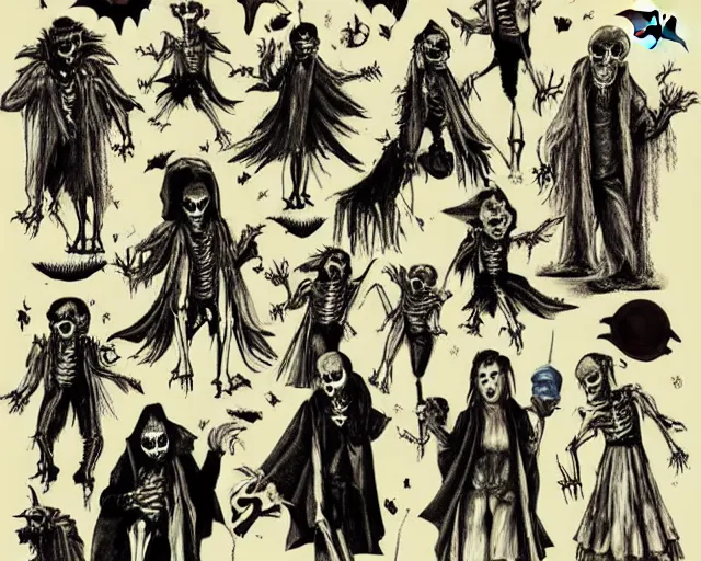 Prompt: Halloween celebration of Draculas Frankensteins Wolfmans Zombies Skeletons Ghosts Ghouls Goblins Monsters Bats Witches