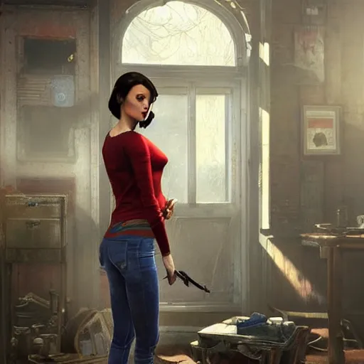 Image similar to portrait of a brunette slim woman with blue eyes in fallout 4, light stubble with red shirt inside victorian mansion ,digital art,photorealistoc,art by greg rutkowski,hyperdetailed,western comic style,comic,comic style,sharp lineart,professional lighting,deviantart,artstation,trevor henderson,rossdtaws,cinematic,dramatic