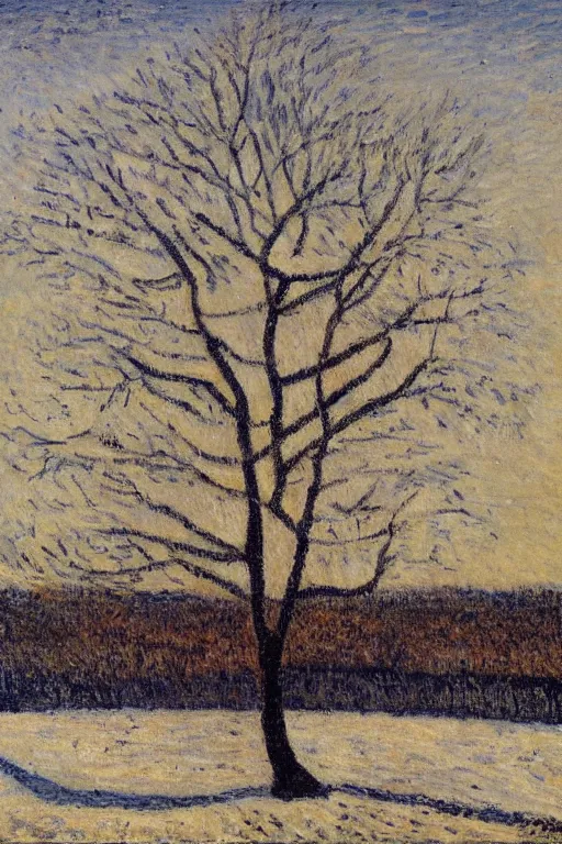 Image similar to still life oil painting of a huge tree on a barren winter landscape soft edges, medium saturation, high contrast, gustave loiseau