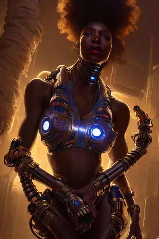 Prompt: ultra realistic, beautiful female african cyborg in a crowded smoky cyberpunk club in space megalopolis, sci - fi, intricate details, eerie, highly detailed, octane render, 8 k, art by artgerm and alphonse mucha and greg rutkowski