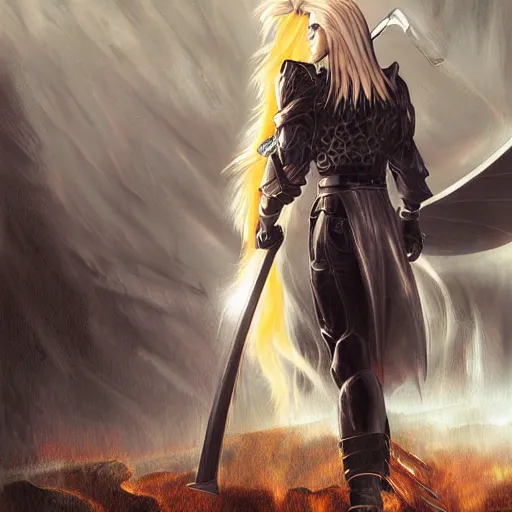 Prompt: sephiroth as mario , realistic, ultra detailed, menacing, powerful, dark, golden hour, forest, mountains in the background concept art Ross Tran