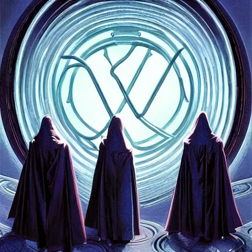 Image similar to a quantum computer surrounded by a dark cabal of hooded elven mystics gathered in a circular formation, michael whelan art