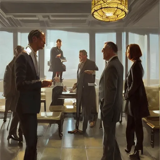 Prompt: epic masterpiece of cinematographic hyperrealism where a business meeting appears. realistic shaded lighting poster by craig mallismo, artgerm, jeremy lipkin and michael garmash, unreal engine, radiant light, complex detailed environment, digital art, art station trends