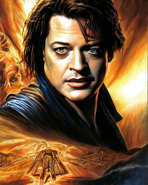 Image similar to brendan fraser in the mummy, airbrush, drew struzan illustration art, key art