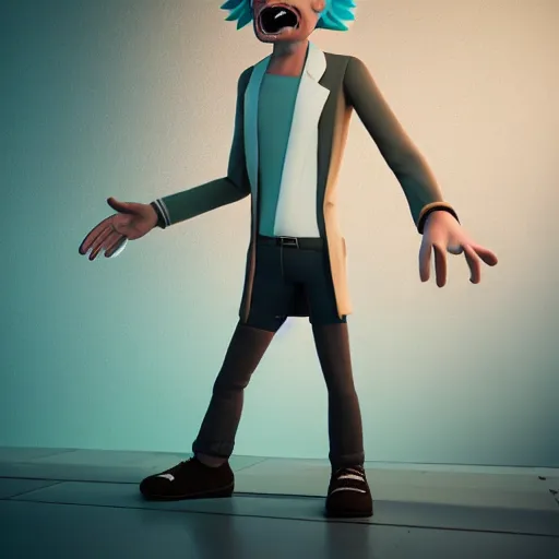 Image similar to full body pose, hyperrealistic photograph of rick sanchez from rick and morty, dim volumetric lighting, 8 k, octane beautifully detailed render, extremely hyper detailed, intricate, epic composition, cinematic lighting, masterpiece, trending on artstation, very very detailed, stunning, hdr, smooth, sharp focus, high resolution, award, winning photo, dslr, 5 0 mm