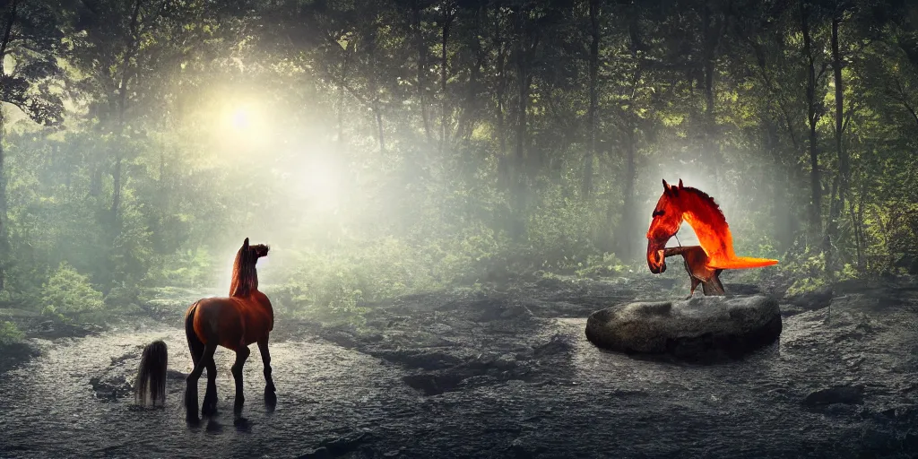 Image similar to a mirror with the shape of a horse drinking in a lava river, in the middle of a forest, in the moonlight, night realism, 4 k, octane render, award winning photograph