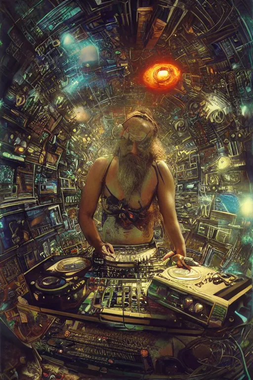 Prompt: a fisheye lens photo of a post apocalyptic tribal dj tweaking and playing synthesizers in the most complicated and technical spiral fractal musical studio, powerful, cinematic, beautifully lit, by donato giancola, by artgerm, by karol bak, 3 d, perfect face and body, trending on artstation, octane render, 8 k