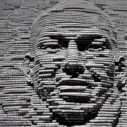 Image similar to a giant benjamin netanyahu head sculpture in the sea made out of thousands of small hamburgers, long shot, hyper detailed, hyper realistic, ray tracing, 8 k resolution, sharp focus, realistic water, award winning