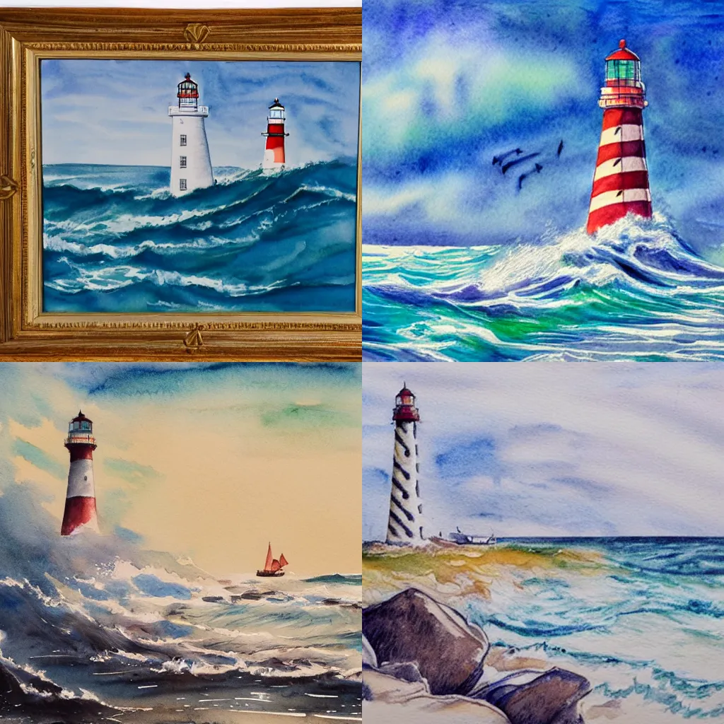 Prompt: A highly detailed majestic sketch of a stunning lighthouse beside a single sailboat catching the wind, rippling oceanic waves, vibrant watercolor painting.