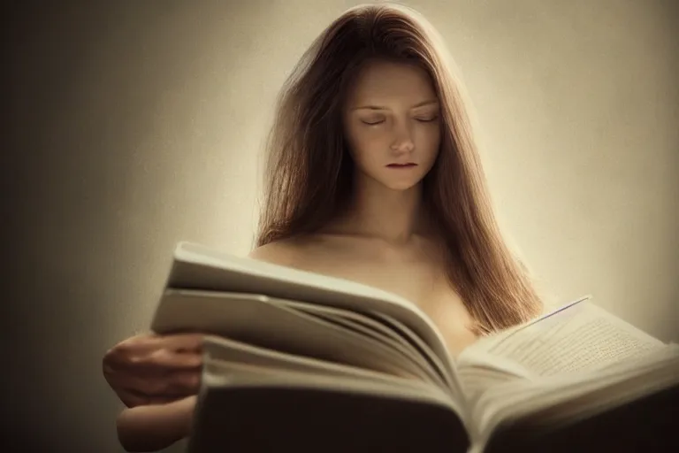 Image similar to an ultra realistic, cinematic, headshot portrait, of a girl reading a book, hair flowing down, facial features, detailed, deep focus, movie still, dramatic lighting, ray tracing, by michal karcz and yoshitaka amano