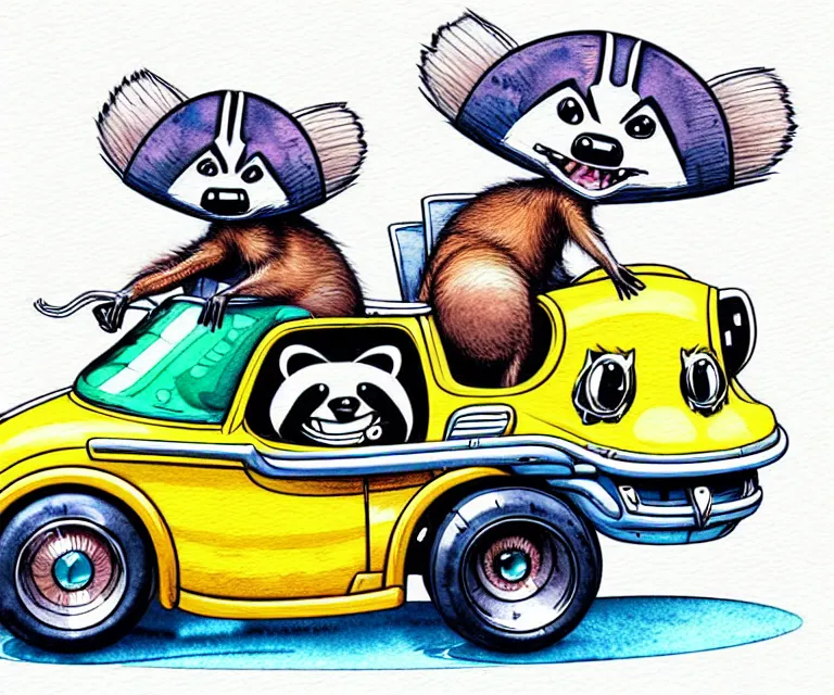 Prompt: cute and funny, racoon wearing a helmet riding in a hot rod with oversized engine, ratfink style by ed roth, centered award winning watercolor pen illustration, isometric illustration by chihiro iwasaki, edited by range murata, tiny details by artgerm and watercolor girl, symmetrically isometrically centered, sharply focused