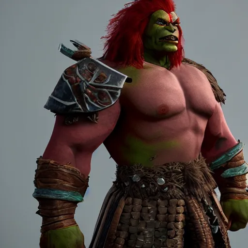 Image similar to beautiful redhead orc with warrior outfit, clash royal style characters, unreal engine 5, octane render, detailed, cinematografic, cinema 4 d