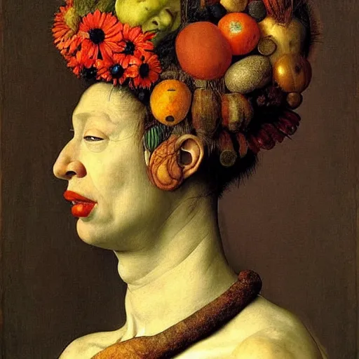 Prompt: very very beautiful portrait photo made from primitive objects, Perfect face, extremely high details, realistic, by Giuseppe Arcimboldo, Edward Hopper, Rene Margitte