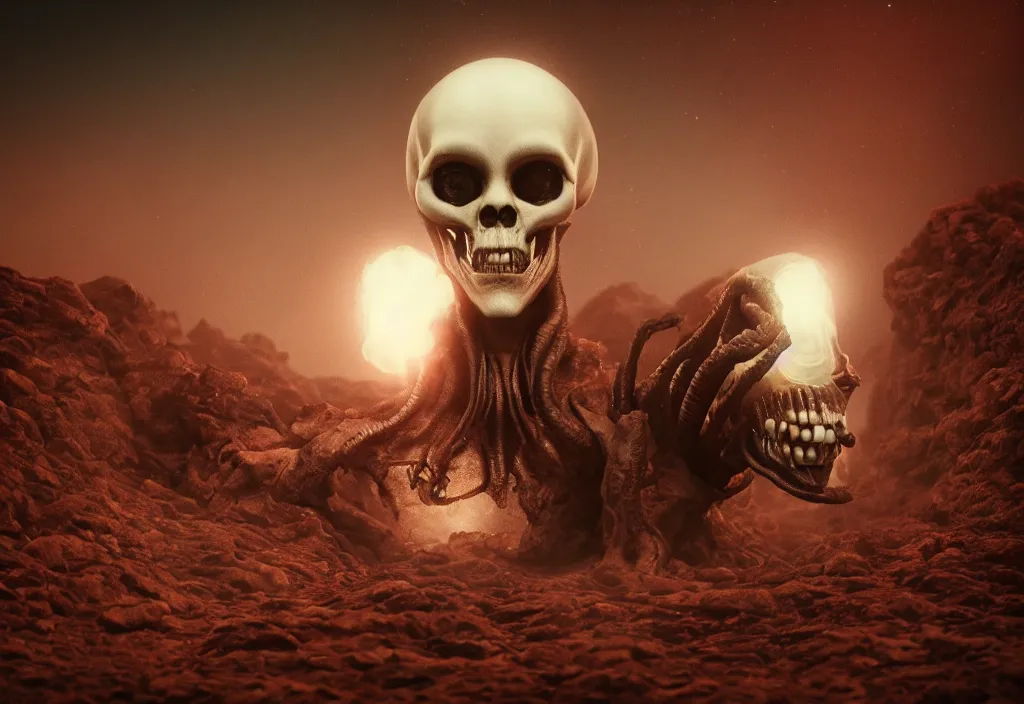 Image similar to eldritch alien skull un a dessert ir mars, cinematic lighting, octane tender, dark - art