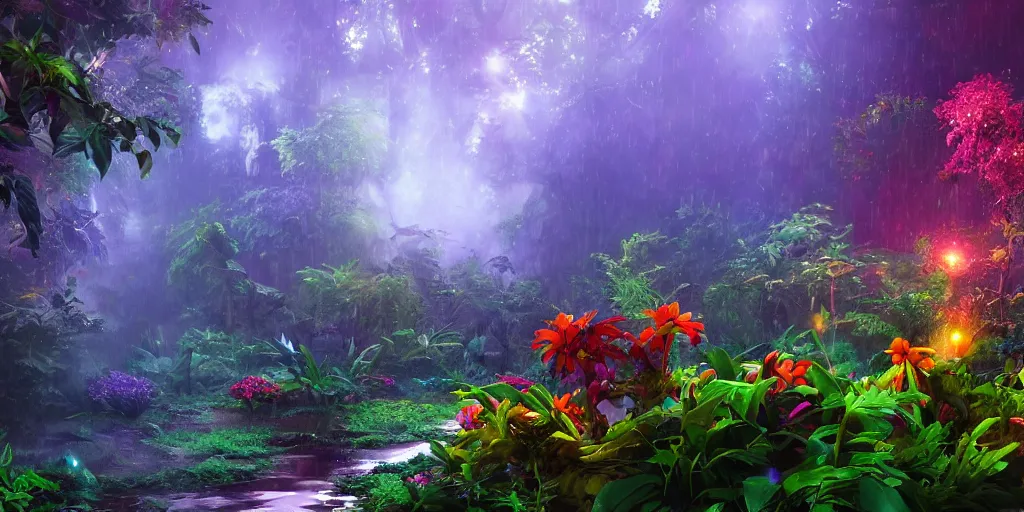Prompt: An alien jungle, colorful flowers, glowing stone, reflection, rain, morning light, photorealistic, realistic, depth of field, high definition, soft light, high definition, detailed, 8k, artstation
