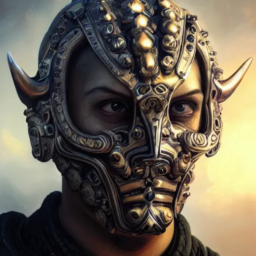 Image similar to Very very very very highly detailed epic photo of face with bull venetian mask, intricate, dystopian, sci-fi, extremely detailed, digital painting, artstation, concept art, smooth, sharp focus, illustration, intimidating lighting, incredible art by Artgerm and Vincent di Fate