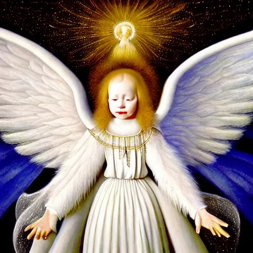 Prompt: highdetailed hyperrealistic painting of white angel!!! no gender!!!, giant ball of miracle light from the chest!!!!!, 4 k hd fur face!!!, big wings, by jan van eyck, holography space, white sparkles everywhere, thin strokes, high textures