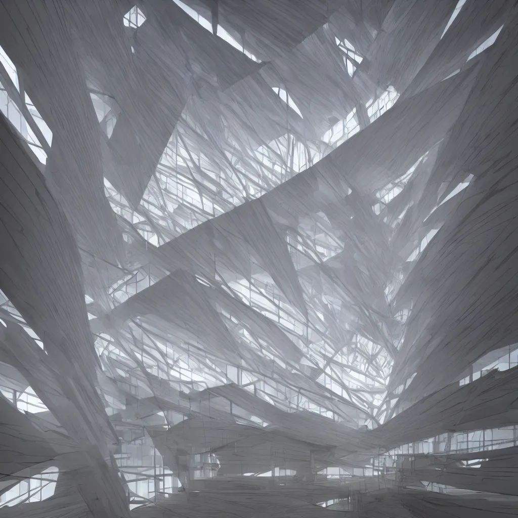 Image similar to a stair tower of light made out of wood, volumetric light, mist, designed by zaha hadid, concept art