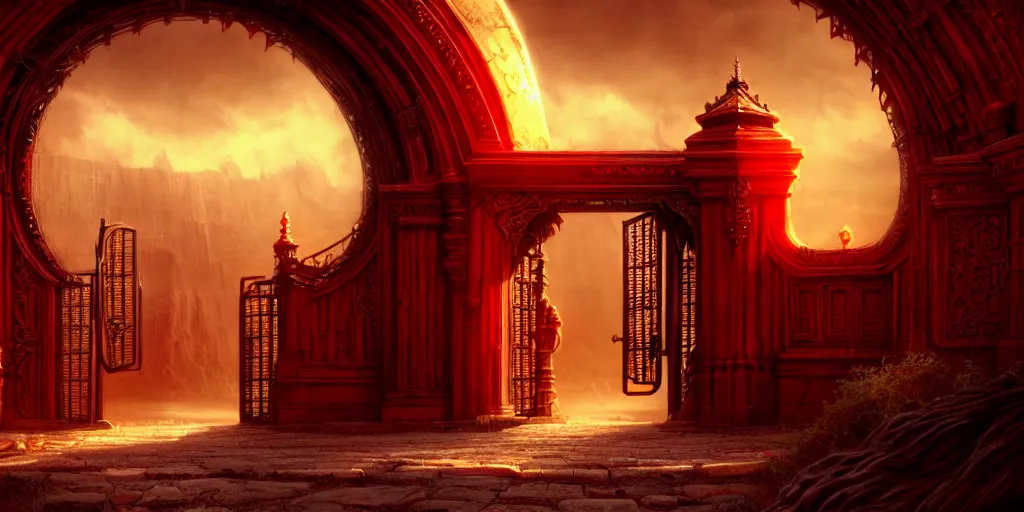 Image similar to huge gate, environment, illustration, red, colors, epic scene, symmetrical, golden raito, high quality, intricate details, details, intricate, atmosphere, highly detailed, matte painting, cinematic, deviantart, realistic, concept art, 4 k