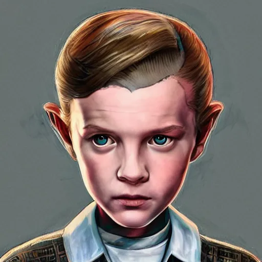 Image similar to Concept art, Eleven from 'Stranger Things' Season 3 (2019), with long hair, as Obi-Wan Kenobi, wearing Jedi robes, holding a lightsabre