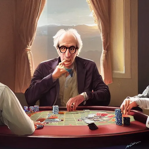 Prompt: larry david playing poker with woody allen, elegant, intricate, digital painting, artstation, concept art, smooth, sharp focus, illustration, art by artgerm and greg rutkowski and alphonse mucha