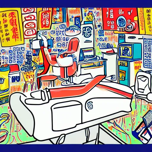 Image similar to chinese surgery operating table, in the style of daniel johnston and outsider art, 8k, line brush, overlaid with chinese adverts