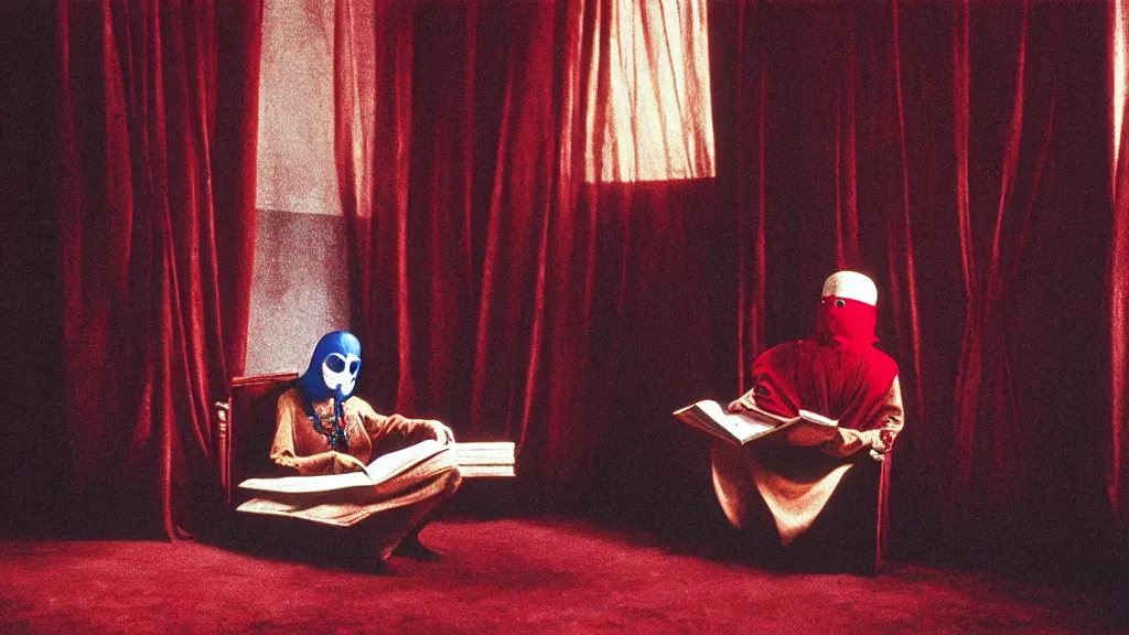 Image similar to a fortune teller wearing a mask sits in a red velvet room reading a fortune, film still from the movie directed by Studio Ghibli with art direction by Zdzisław Beksiński and Salvador Dalí, wide lens