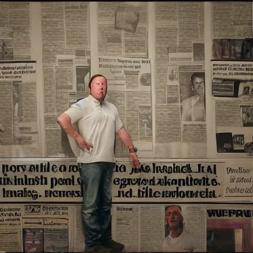 Prompt: “ alex jones trapped inside a room with newspapers taped over the walls, dim lighting, oil portrait ”