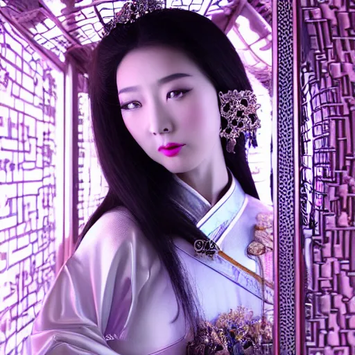 Prompt: photo shoot pose photo of beautiful realistic Chinese ancient princess standing in the corridor in the space ship, attractive symmetrical face, big eyes and lips, subtle makeup, clean face and body skin,ecstatic face expression, ornamental jewelry and ancient translucent clothes, futuristic space ship interrior, wires with lights,depth of field, lens flare, moody lighting, moody photography, old photo, black and white, sepia, cinematic lighting, cinematic angle, editorial photography