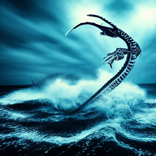 Prompt: 35mm photography sea dragon coming with wings, full head and face symmetrical scales, out of the water to attack a boat, rough seas, night, lighting, cinematic lighting, realistic