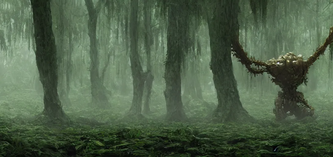 Image similar to a complex organic fractal 3 d metallic symbiotic ceramic humanoid megastructure creature in a swampy lush forest, foggy, cinematic shot, photo still from movie by denis villeneuve, 9 0 s anime