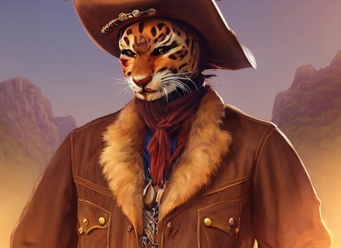 Image similar to character portrait feature of the anthro male anthropomorphic jungle cat fursona wearing cowboy outfit wild west desperado, character design stylized by charlie bowater, ross tran, artgerm, makoto shinkai, detailed, soft lighting, rendered in octane