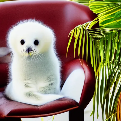 Prompt: a baby harp seal holding a box marked top secret in red letters, sitting on a beautiful leather chair at a luxury resort, palm trees outside the windows, panasonic, photo, gentle bokeh