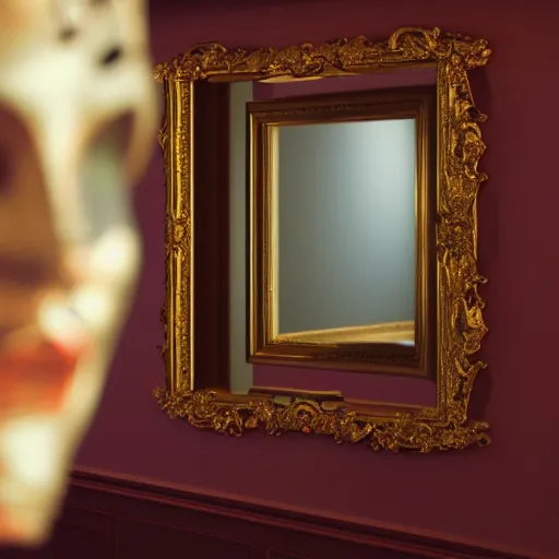 Prompt: stable diffusion ai looking at reflection of itself in a mirror. mirror has detailed rococo gold frame. background is red on orange, octane render, unreal engine, pohoto realistic portrait in hd